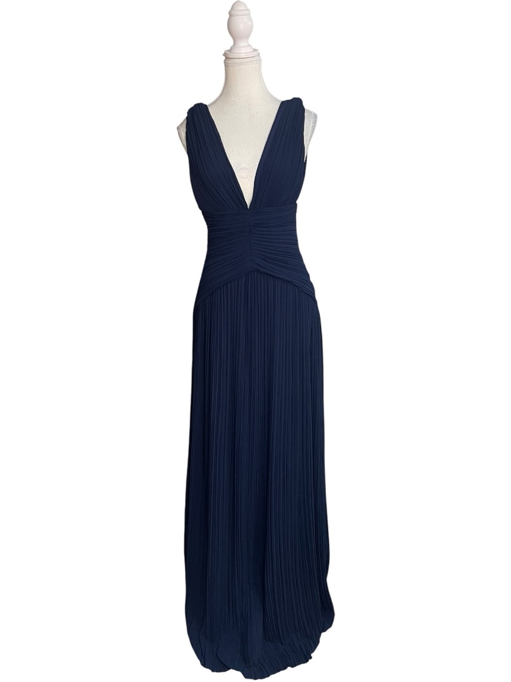 Lulus Kelina Pleated V-Neck Drop Waist Maxi Dress Navy Blue